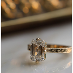 Halo emerald ring engagement with classic diamond styling, step cut diamond ring, lab grown ring