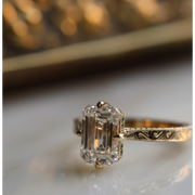 Halo emerald ring engagement with classic diamond styling, step cut diamond ring, lab grown ring