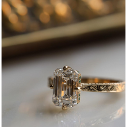 Halo emerald ring engagement with classic diamond styling, step cut diamond ring, lab grown ring