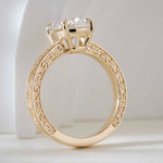Elongated cushion cut lab grown diamond ring with vintage engraved gold band