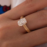 Elongated cushion cut lab grown diamond ring with vintage engraved gold band