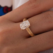 Elongated cushion cut lab grown diamond ring with vintage engraved gold band