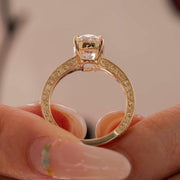 Elongated cushion cut lab grown diamond ring with vintage engraved gold band