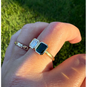 gemstone ring, emerald ring, radiant engagement ring in white gold with diamonds