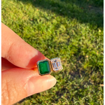 gemstone ring, emerald ring, radiant engagement ring in white gold with diamonds