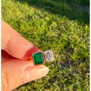 gemstone ring, emerald ring, radiant engagement ring in white gold with diamonds