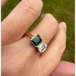 gemstone ring, emerald ring, radiant engagement ring in white gold with diamonds
