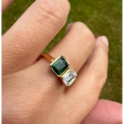 gemstone ring, emerald ring, radiant engagement ring in white gold with diamonds