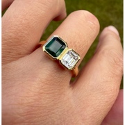 gemstone ring, emerald ring, radiant engagement ring in white gold with diamonds