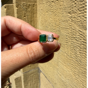 gemstone ring, emerald ring, radiant engagement ring in white gold with diamonds
