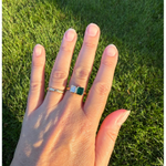 gemstone ring, emerald ring, radiant engagement ring in white gold with diamonds