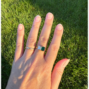 gemstone ring, emerald ring, radiant engagement ring in white gold with diamonds