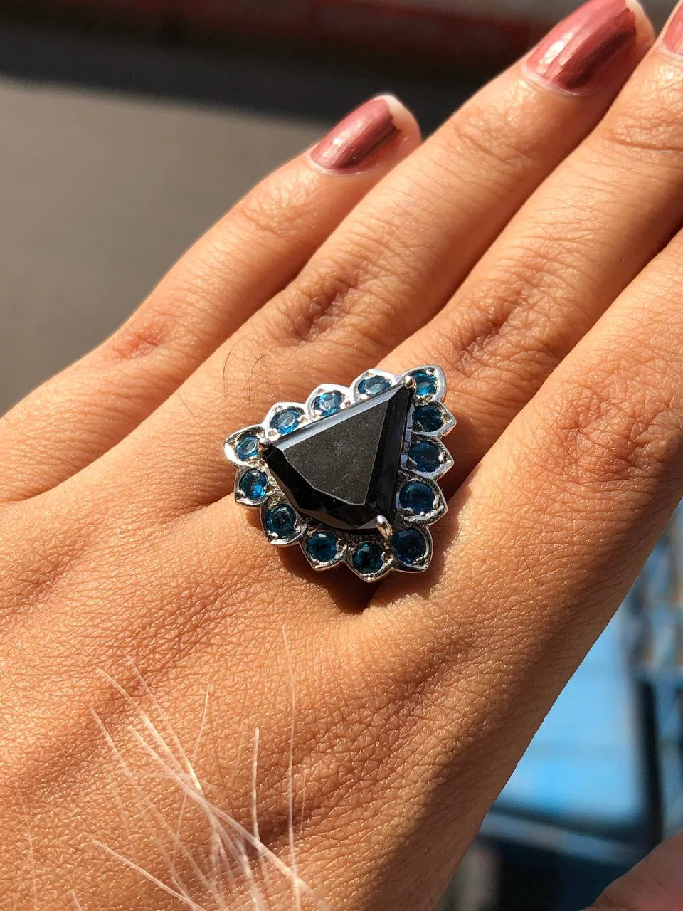 Trillion Shape Black Moissanite Ring 925 Sterling Silver Art Deco Wedding promise Ring For Her