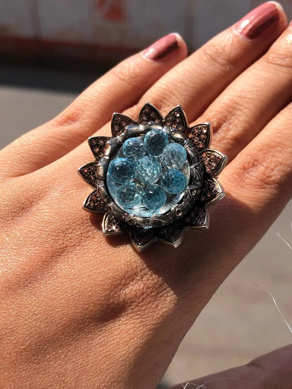 Lotus Aquamarine Gemstone Ring 925 Sterling Silver Antique Deco Ring For Women