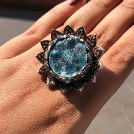 Lotus Aquamarine Gemstone Ring 925 Sterling Silver Antique Deco Ring For Women