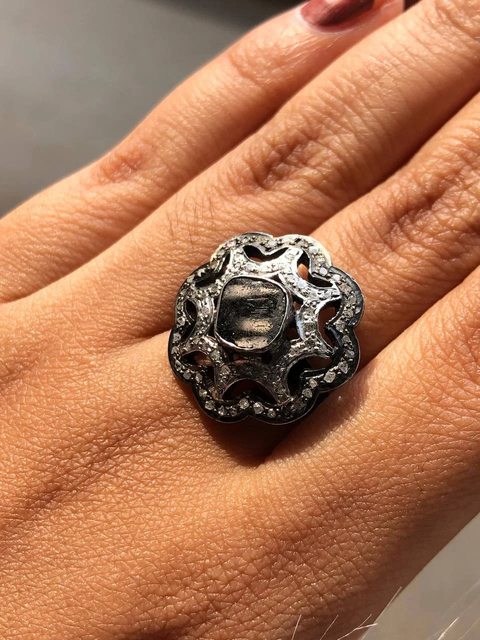 Vintage Style Floral Ring: Natural Black Diamond, 925 Sterling Silver - Unique Beauty