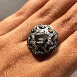 Vintage Style Floral Ring: Natural Black Diamond, 925 Sterling Silver - Unique Beauty