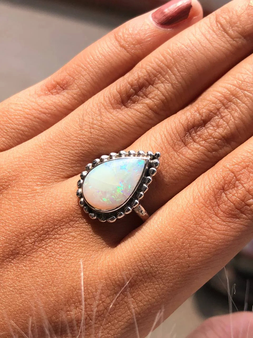 Pear Cut Rainbow Opal Ring - Unique 925 Sterling Silver Delicate Birthday Gift for Her