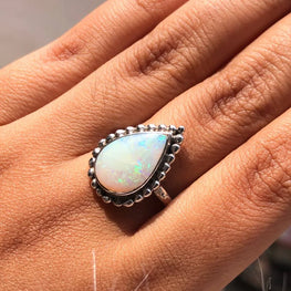 Pear Cut Rainbow Opal Ring - Unique 925 Sterling Silver Delicate Birthday Gift for Her