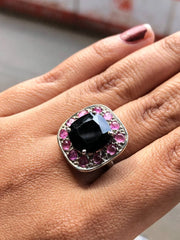 Silver Art Deco Style Ring – Cushion Cut Black Onyx with Pink Sapphire Halo | Bold Statement Cocktail Gemstone Jewelry Gift