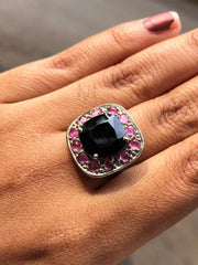 Silver Art Deco Style Ring – Cushion Cut Black Onyx with Pink Sapphire Halo | Bold Statement Cocktail Gemstone Jewelry Gift