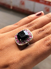 Silver Art Deco Style Ring – Cushion Cut Black Onyx with Pink Sapphire Halo | Bold Statement Cocktail Gemstone Jewelry Gift