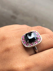 Silver Art Deco Style Ring – Cushion Cut Black Onyx with Pink Sapphire Halo | Bold Statement Cocktail Gemstone Jewelry Gift