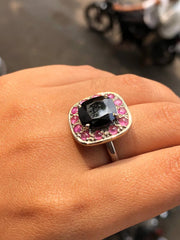 Silver Art Deco Style Ring – Cushion Cut Black Onyx with Pink Sapphire Halo | Bold Statement Cocktail Gemstone Jewelry Gift