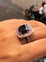 Silver Art Deco Style Ring – Cushion Cut Black Onyx with Pink Sapphire Halo | Bold Statement Cocktail Gemstone Jewelry Gift