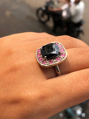 Silver Art Deco Style Ring – Cushion Cut Black Onyx with Pink Sapphire Halo | Bold Statement Cocktail Gemstone Jewelry Gift