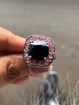 Silver Art Deco style ring with cushion cut black onyx and pink sapphire halo, bold statement cocktail gemstone jewelry gift