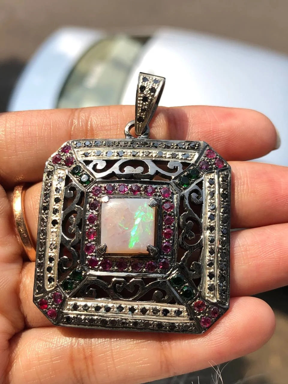 Rainbow Opal Square Silver Pendant