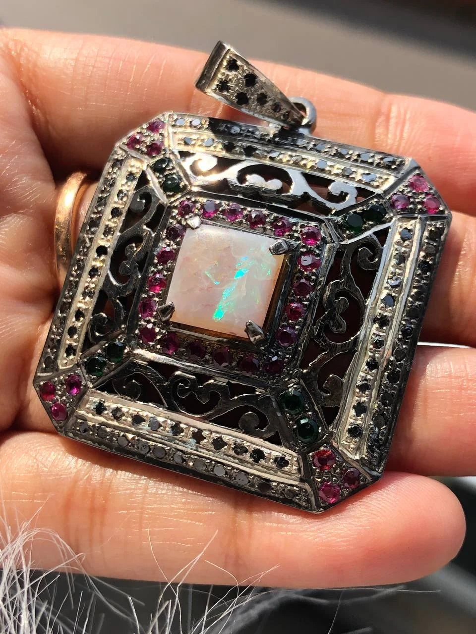 Rainbow Opal Square Silver Pendant