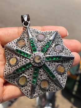 Natural Diamond Round Cut Pendant – Green Gemstone Art Deco Style Vintage Silver Pendant | Antique Unique Jewelry for Her