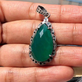 Vintage Emerald Pear Pendant: 925 Sterling Silver Antique Deco Jewelry