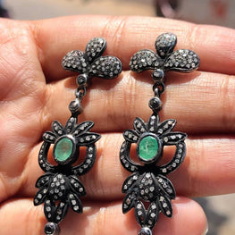 Emerald Gemstone Dangle Earring 925 Sterling Silver Black Rodium Earring
