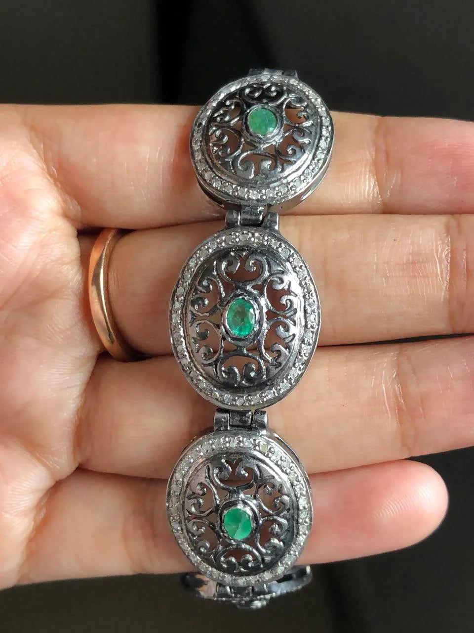 Art Deco Emerald Gemstone Bracelet 925 Sterling Silver Vintage Jewelry