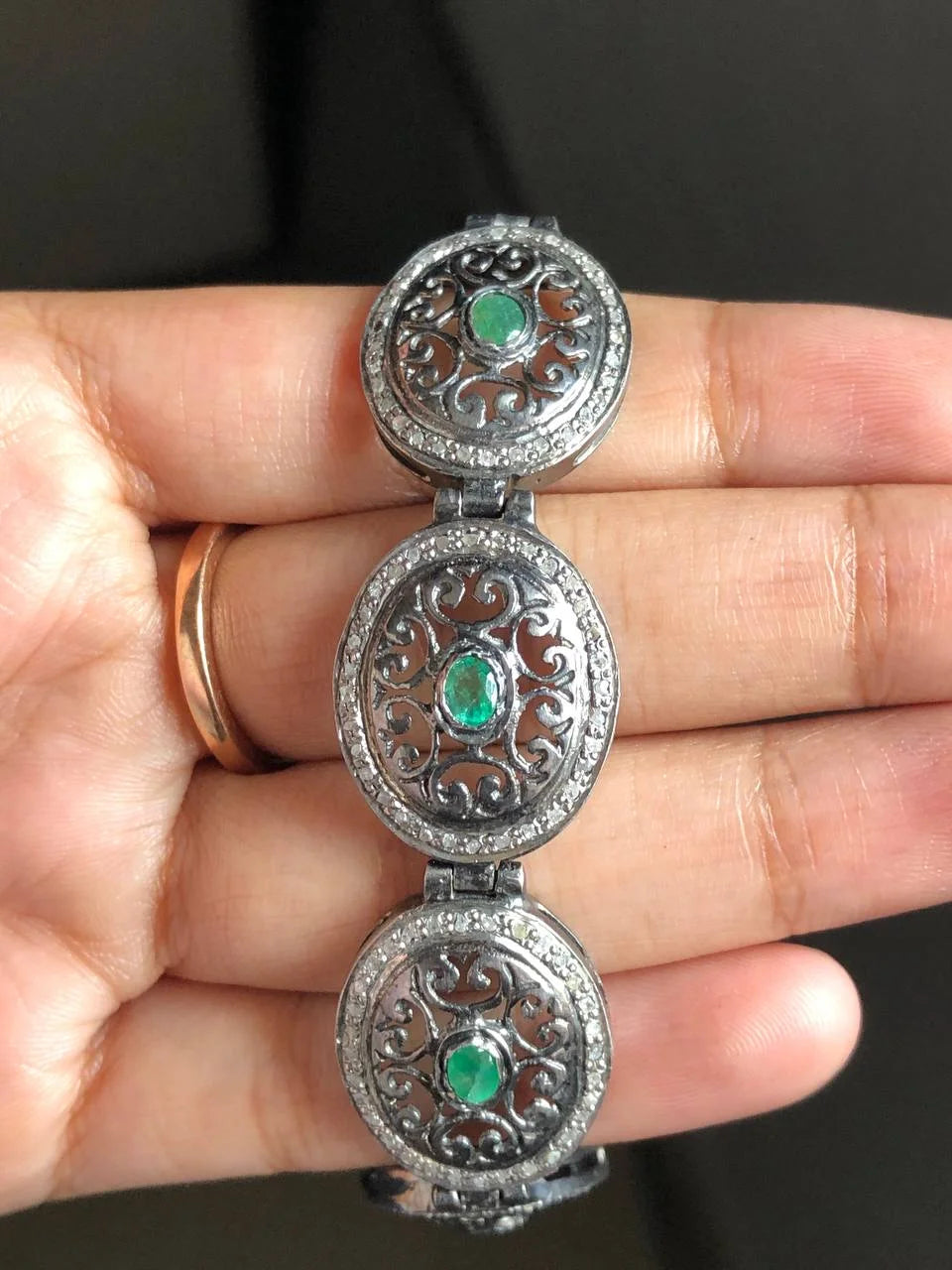 Art Deco Emerald Gemstone Bracelet 925 Sterling Silver Vintage Jewelry