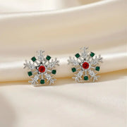 Snowflake Christmas Stud Earrings, 14k Gold Round Lab Grown Holiday Earrings